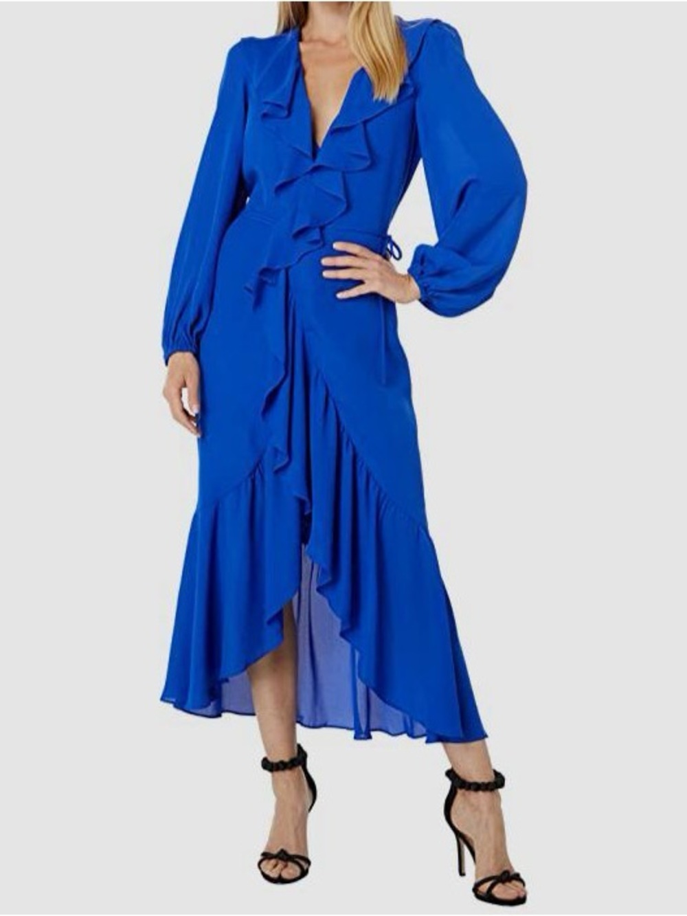 $139 Bardot Electric Blue V-Neck Self-Tie Sophya Wrap Dress Large 8 Ruffle Midi